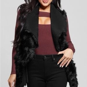Guess reversible Black Faux Fur/Suede/Teddy vest with belt worn ONCE